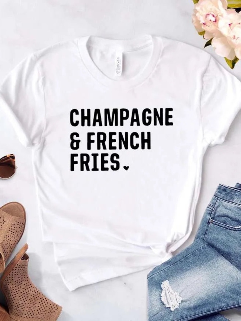 White 'Champagne & French Fries' Short Sleeve Tee
